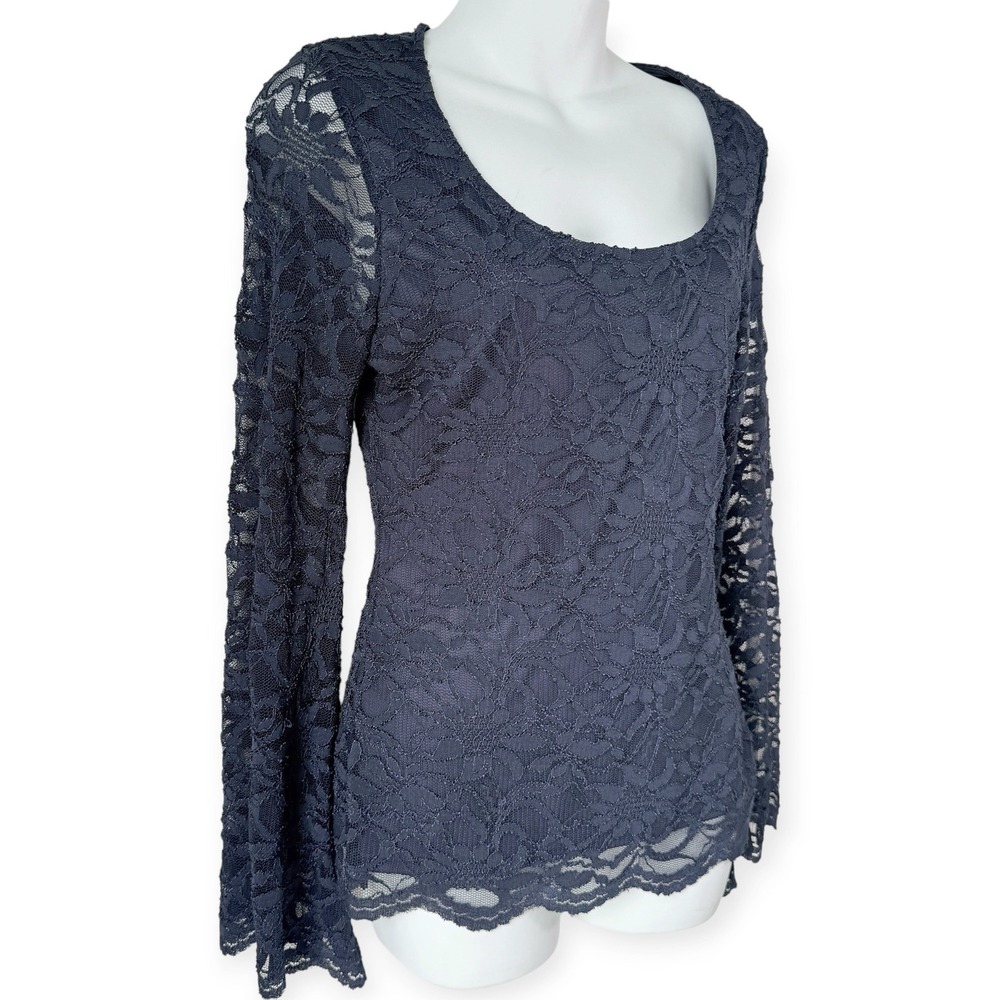 Boston Proper Lace Top Women Sz S Navy Sheer Bell Sleeve Whimsigoth Dark Romance